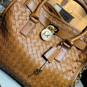 Michael Kors Hamilton Large Woven Leather Luggage Handbag -Brown